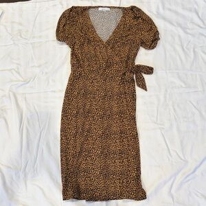 Leopard Print Wrap Midi Dress in Brown